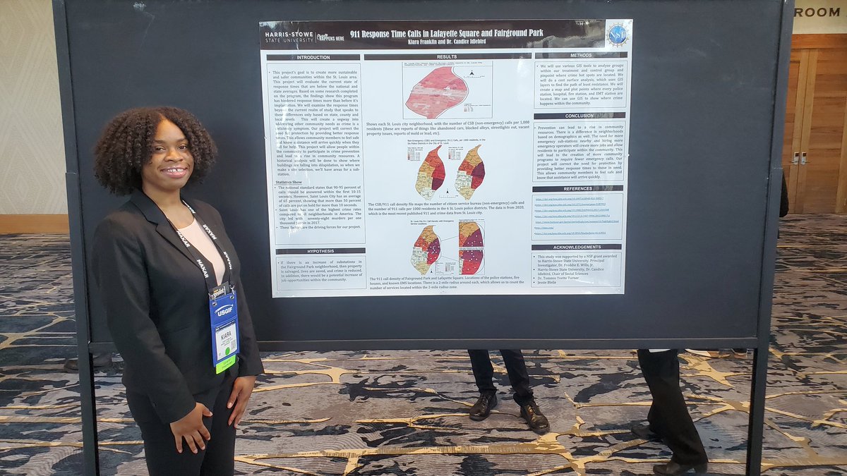 fwills's tweet photo. @GEOINTsymposium @USGIF @USGIFypg @TrajectoryMag  @NGA_GEOINT Undergrad Research students from @HarrisStowe ready to present at GEOINT 2022. Hornet Pride! https://t.co/I1rEYGlDkf