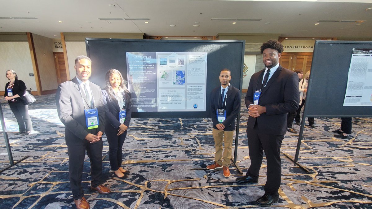 fwills's tweet photo. @GEOINTsymposium @USGIF @USGIFypg @TrajectoryMag  @NGA_GEOINT Undergrad Research students from @HarrisStowe ready to present at GEOINT 2022. Hornet Pride! https://t.co/I1rEYGlDkf