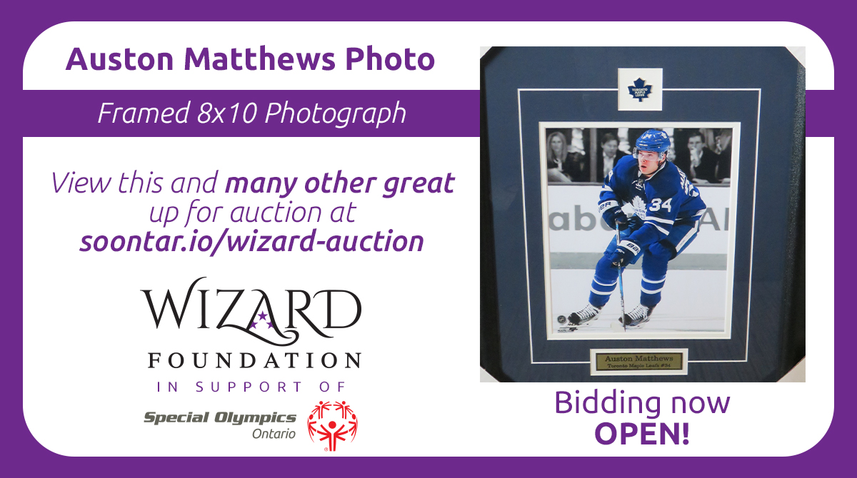 SOOntario's tweet photo. This framed photograph of Auston Matthews could be yours! Place your bids now on this year's @WizardFNDN Auction in support of Special Olympics Ontario - auction closes on May 2! Visit https://t.co/FzyEla1qum for more details and to see all the great items up for auction! https://t.co/7jQdpiXDY9