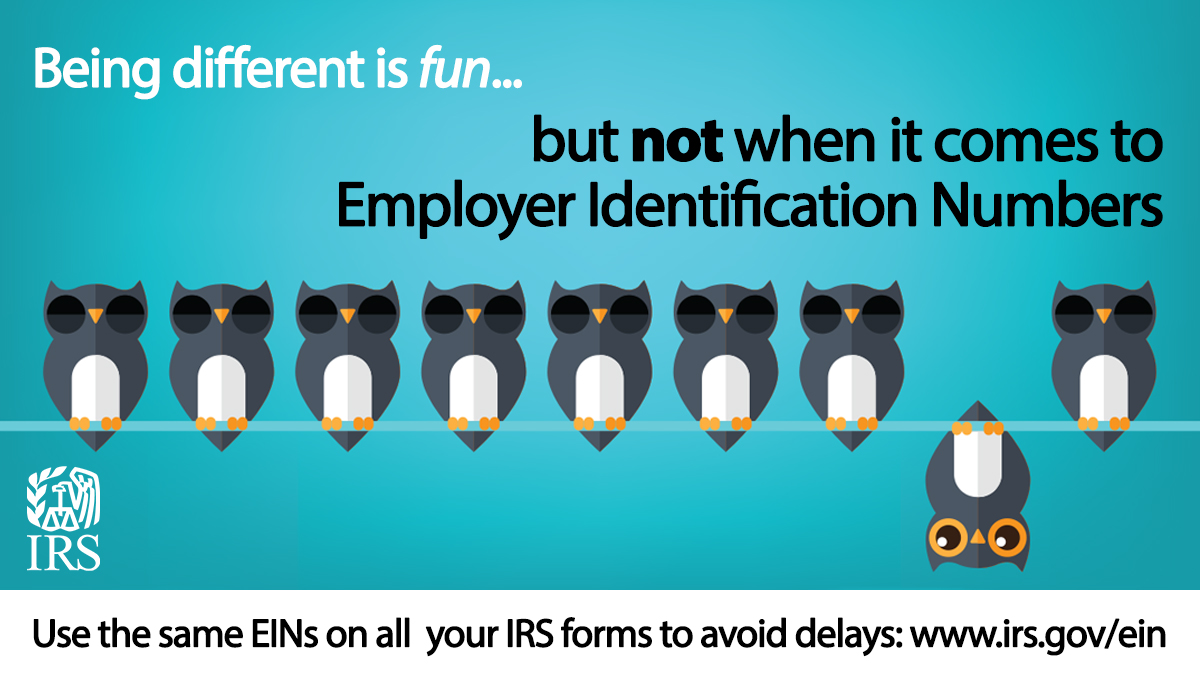 Text 'Being different is fun.....but not when it comes to Employer Identification Numbers' Owls sitting on a line, one hanging upside down. IRS Logo bottom left.