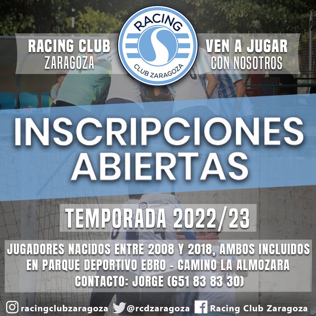 rcdzaragoza's tweet photo. ✍️ 𝑰𝑵𝑺𝑪𝑹𝑰𝑷𝑪𝑰𝑶𝑵𝑬𝑺 𝑨𝑩𝑰𝑬𝑹𝑻𝑨𝑺

😃 ¿Quieres jugar en Racing Club Zaragoza la próxima temporada?

🚨 ¡Abrimos inscripciones para la temporada 2022/23! Toda la información abajo 👇 

#SomosRacing 💙⚽️ https://t.co/ptWIt3zR0a