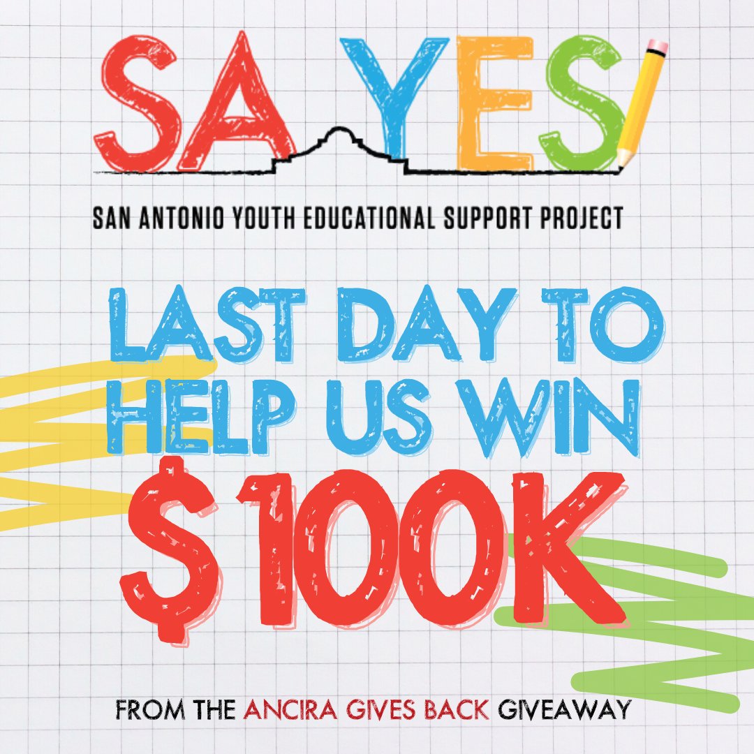 LAST DAY TO NOMINATE SA YES TO WIN 100K! Place your vote for SA YES in the small #nonprofit category to help us improve #educationalequality in the #SanAntonio community! ✏️ mysa.secondstreetapp.com/Ancira-Gives-B…