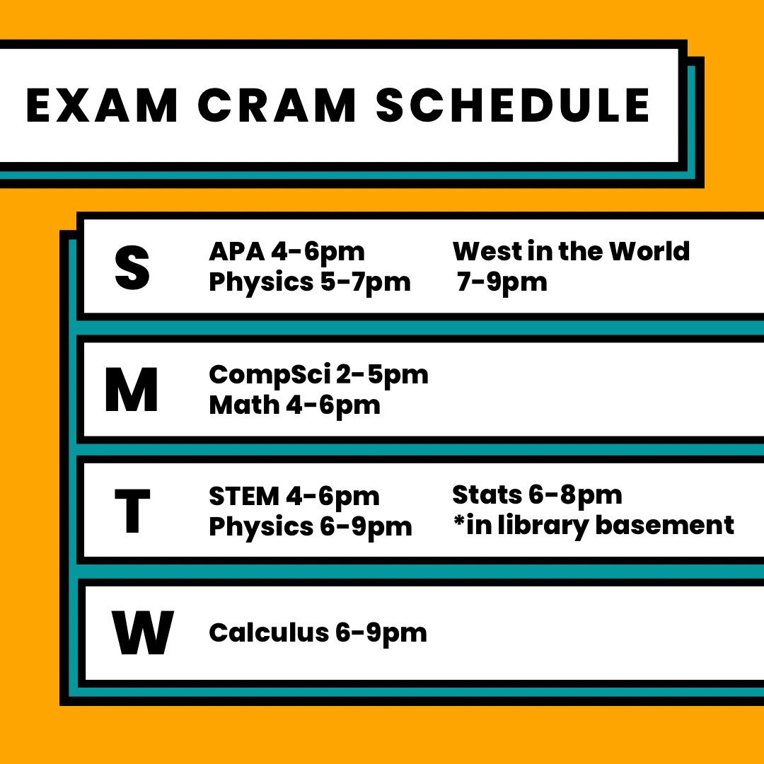 ENC_CSE's tweet photo. Exam Cram starts today!
All sessions are in the 24 Hour Room unless otherwise noted. Visit https://t.co/JCEojITrjY to make individual writing or subject appointments! #finalsszn #heretohelp #grindmode https://t.co/dBMsGwrr0q