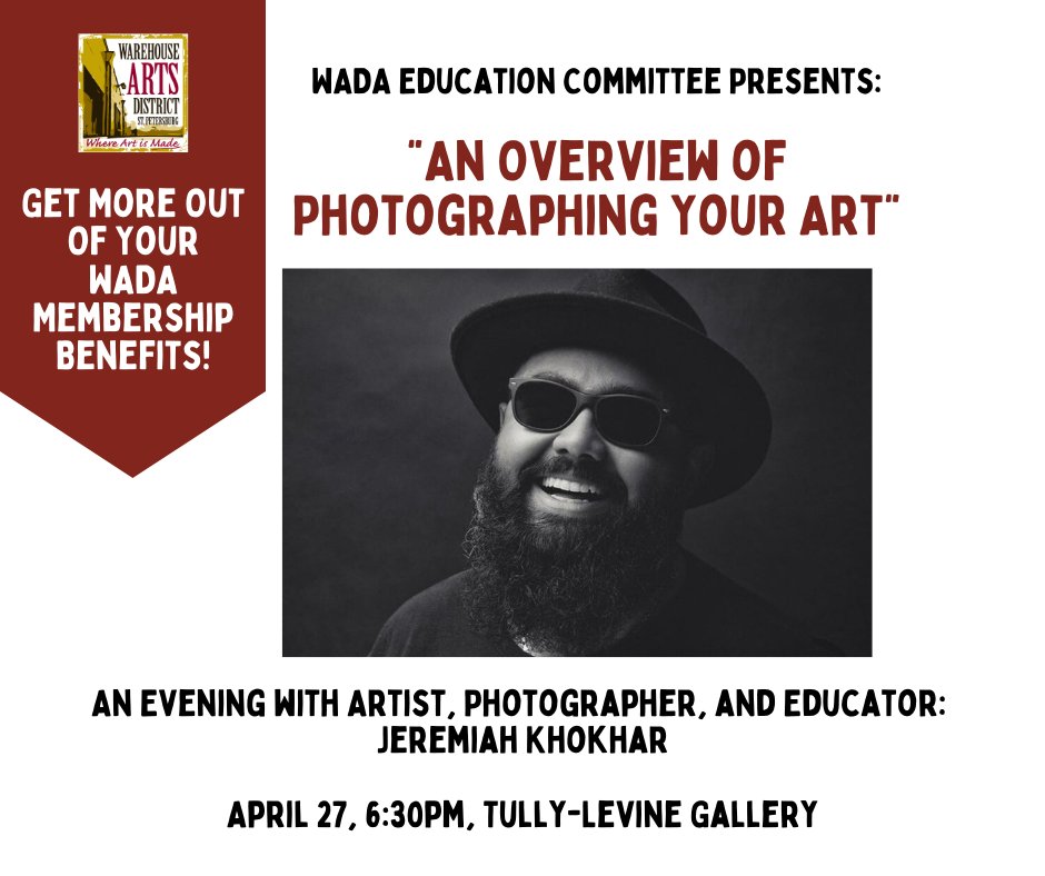 WarehouseArtsSP's tweet photo. Happening THIS WEEK!! 
The WADA Education Committee presents: An Evening with Jeremiah Khokhar, Artist, Photographer, Educator. You'll get the chance to learn about the concepts and processes of photographing your art. Register NOW! FREE for WADA Members! https://t.co/CYZe5kxApS https://t.co/KC7qFdkHwc