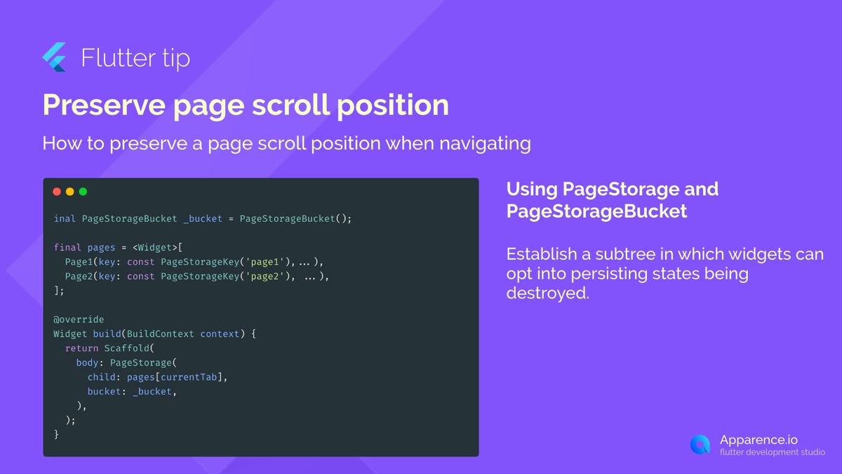 mcflyDev's tweet image. 🧐 Flutter tip 21
Preserve a page scroll threw navigation

#flutterdev #flutter #fluttertip