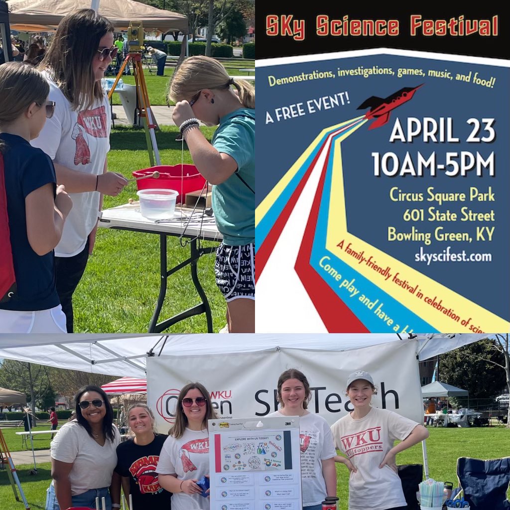 skyteach_wku's tweet image. We had a blast 🚀 at the SKY Science Festival in downtown BG yesterday! Our awesome preservice teachers engaged with the community with puff rockets, sound experiments, probability, and more! We especially loved the help from Dean Brown and Provost Fisher! @WKUCEBS @WkuOgden @wku