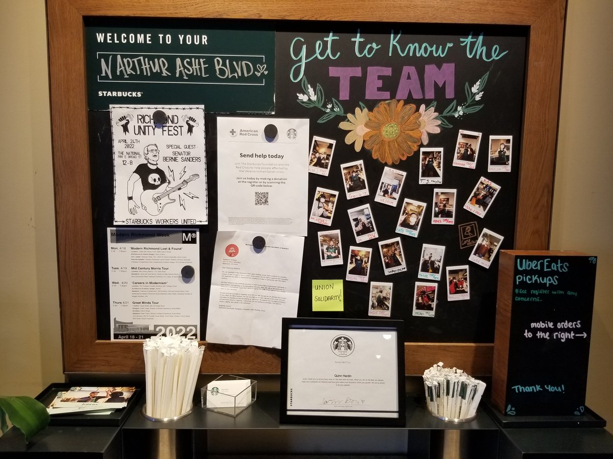 kylemmoore1990's tweet image. Supported unionizing baristas today at the Arthur Ashe Starbucks in Richmond, VA. Put up my &quot;Union Strong&quot; note on the community board next to a Bernie flyer for #UnityFest. #Virginia