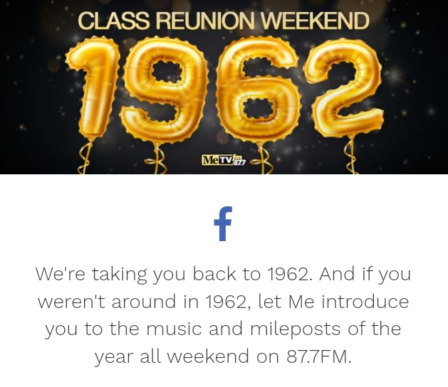 VenusInMomJeans's tweet photo. The last day of the #ClassReunionWeekend continues, with music and mileposts from the #ClassOf1962. With 2 songs from 1962 played back-to-back:
- on 87.7FM @MeTVFM in Chicago
- streaming online through Audacy at https://t.co/fBT7nll9Ay
- ask Google or Alexa to "play Me TV FM" https://t.co/NOIjF5r3FJ