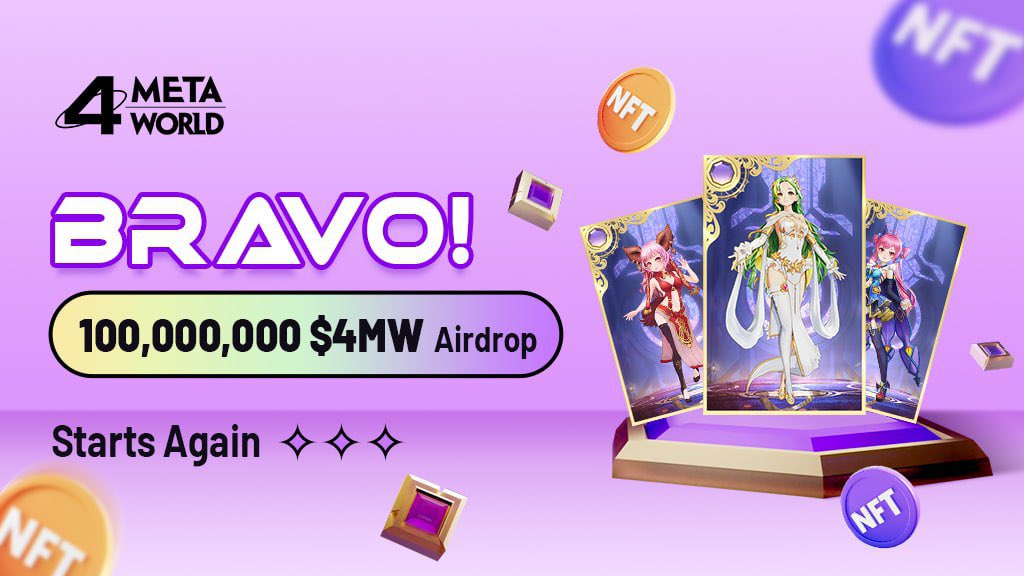 Airdrop: BRAVO
Total Airdrop: 100.000.000 $4MW + Meta Fantasy NFTs
Winner: 3255 valid users

Airdrop page: t.me/airdropbep20to…

Airdrop end: April 30, 2022
#NFTs #crypto #airdrop #bsc