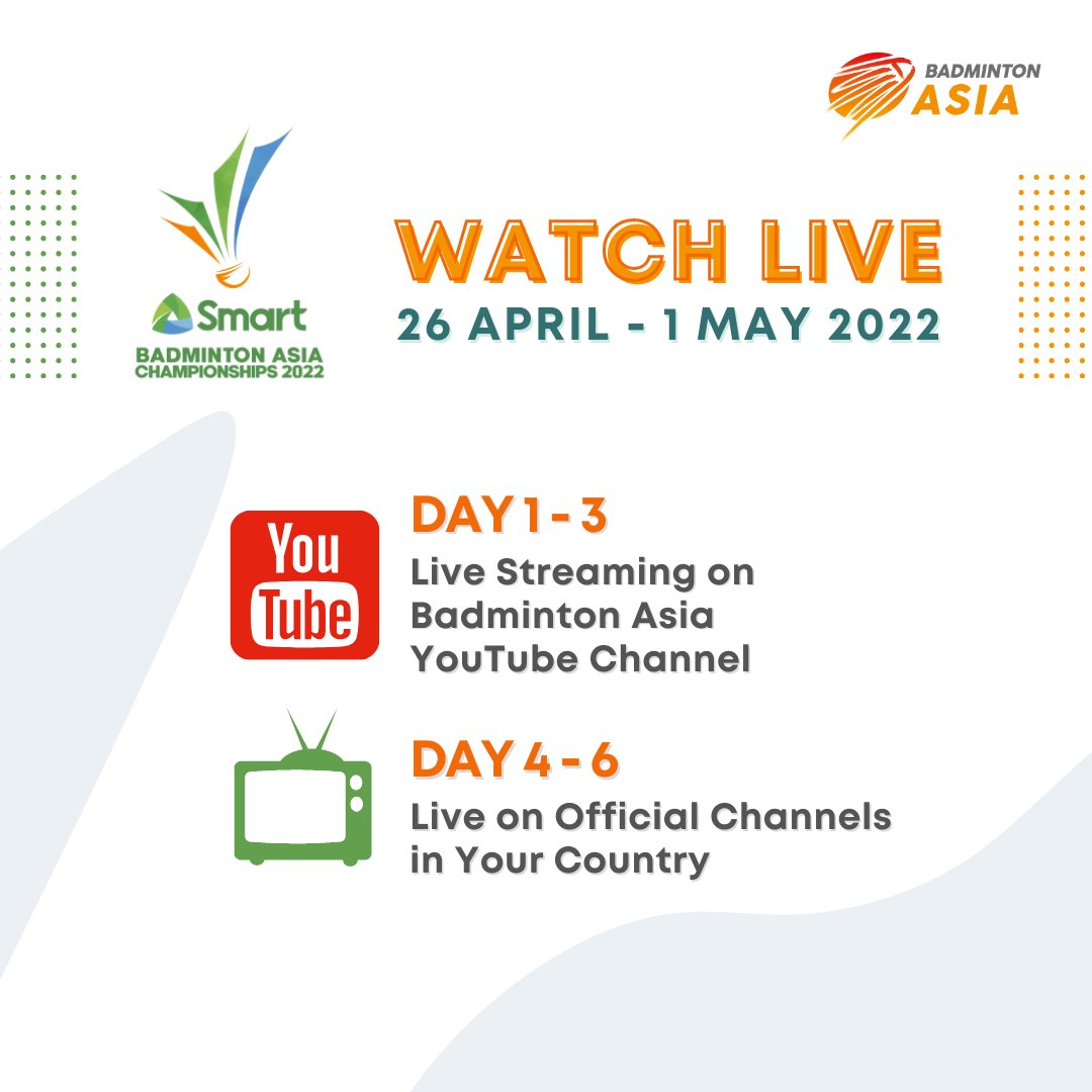 in stand houden bevind zich evenwichtig Badminton Asia on Twitter: "Watch tomorrow's Smart Badminton Asia  Championships 2022 LIVE from April 26 - 1 May 2022! 📺👀 Day 1 - 3 on  Badminton Asia's official YouTube Channel Day 4 -