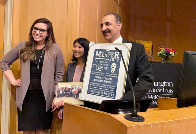 setton_lab's tweet image. Dean Bobick of @WashUEngineers gave stellar intro to @Farsh_G recognizing his achievements leading up to #NAE2022 election.  McKelvey turned out to listen to words of wisdow &amp;amp; celebrate 5⃣ mentorship awards with a special gift from @Guilak_lab @FeiniQu @KelseyHCollins ! 🎉