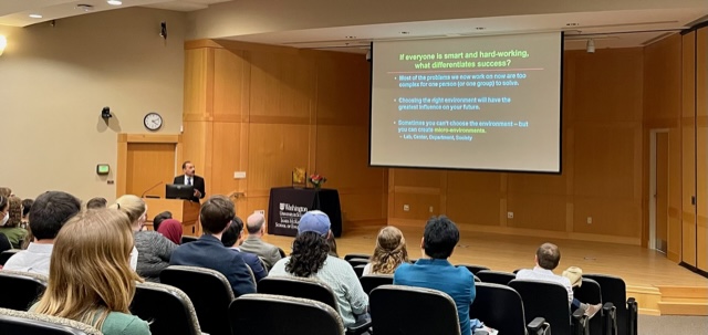 setton_lab's tweet image. Dean Bobick of @WashUEngineers gave stellar intro to @Farsh_G recognizing his achievements leading up to #NAE2022 election.  McKelvey turned out to listen to words of wisdow &amp;amp; celebrate 5⃣ mentorship awards with a special gift from @Guilak_lab @FeiniQu @KelseyHCollins ! 🎉