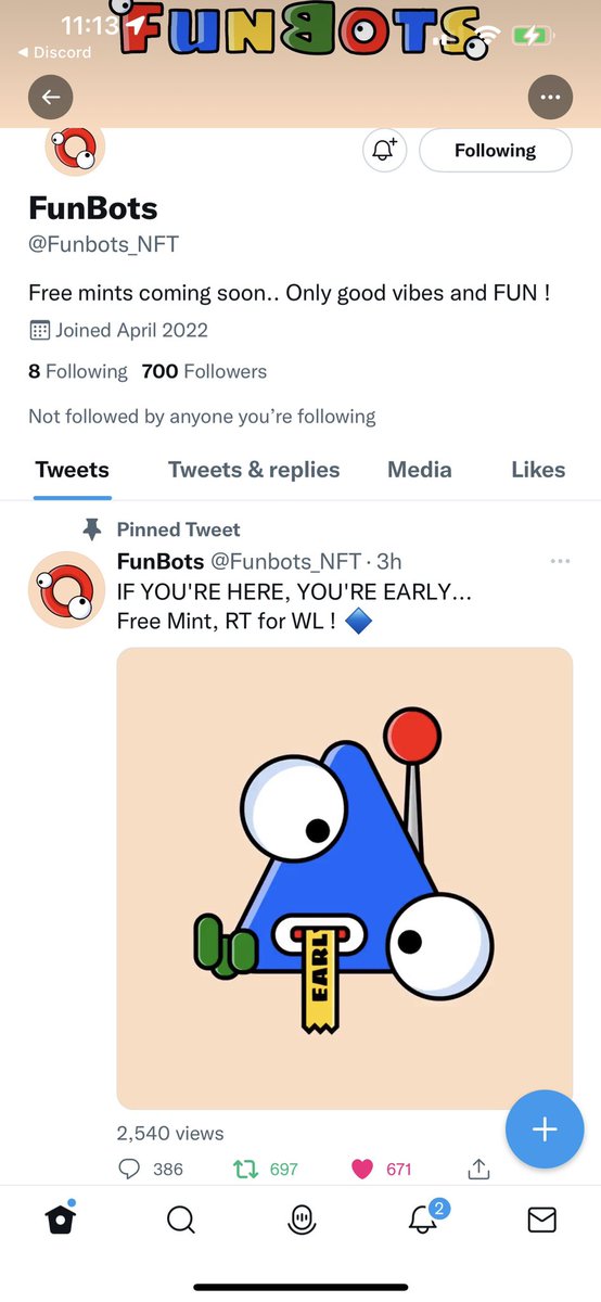 RadchukD's tweet photo. @Funbots_NFT Was I to late 700 on the dot had to wait a few follow to get this one 😂 https://t.co/jpPlsdO7qA
