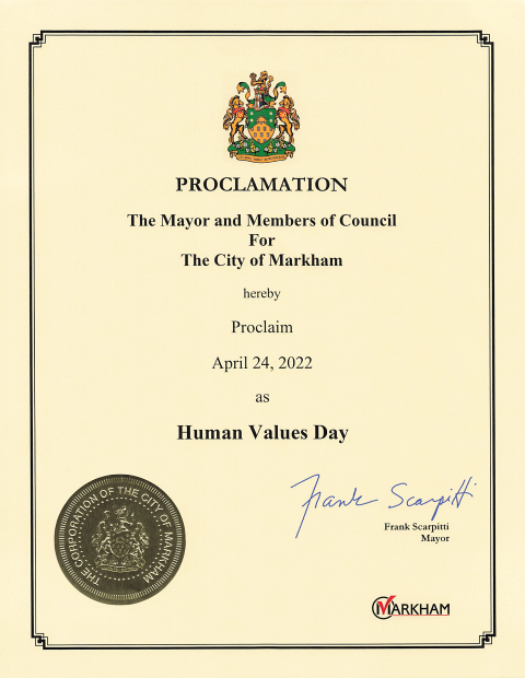 walkforvalues's tweet photo. HUMAN VALUES DAY ~ PROCLAIMATION ~ APRIL 24, 2022 ~
 City of Brampton ,  City of Cornwall , City of Edmonton , City of Markham

#WorldHumanValuesDay #HumanValuesDay #ValuesWithoutBorders #WalkForValues #Values #April24 #Canada https://t.co/SGRQKwYROh