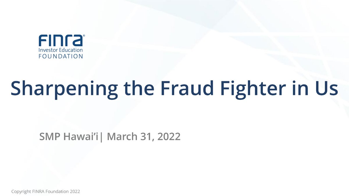 HawaiiDOH's tweet photo. ICYMI: Check out the "Sharpening the Fraud Fighter in Us" workshop presented by @SMPHawaii and @FINRAFoundation from March 31, 2022. #Medicare #SeniorFraud
https://t.co/6gHZzOCR6b https://t.co/k4U8HGINZr