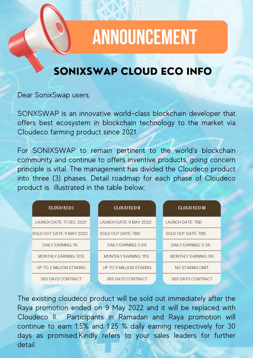 Dear All, Please be informed on our plan pertaining to cloud eco. Cloud Eco I will soon be sold out and replace with Cloud Eco II thereafter Cloud Eco III. Stake now to earn more.