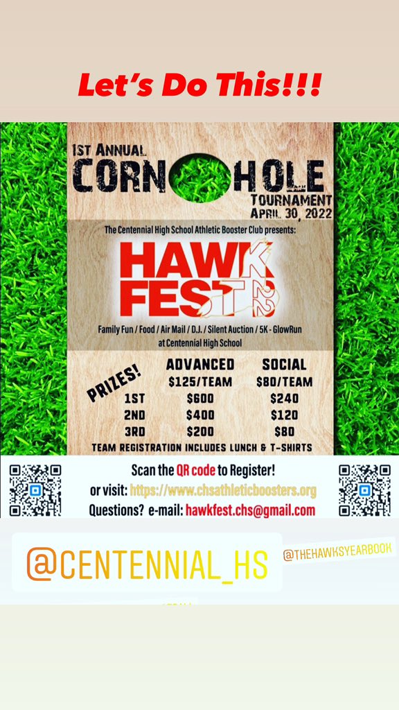 CentennialHawks's tweet photo. Don't forget to sign up for Hawk Fest. Get your corn hole team registered of participate in the glow run. We would love to see you all out there this coming Saturday. @KernHighNetwork @BVarsityLive @ghawkssoftball @GHawkFootball @base_Ghawk https://t.co/UtctCbixFW