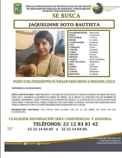 🔴 || A una semana de no saber nada de Jacquelinne Soto Bautista de 21 años de edad, sobrina del Líder Sindical de la <a href="/CTMPuebla/">CTM_FTPuebla</a>, Leobardo Soto; se ha intensificado una campaña para su búsqueda y pronta localización. #LaRedCincoRadio #Puebla