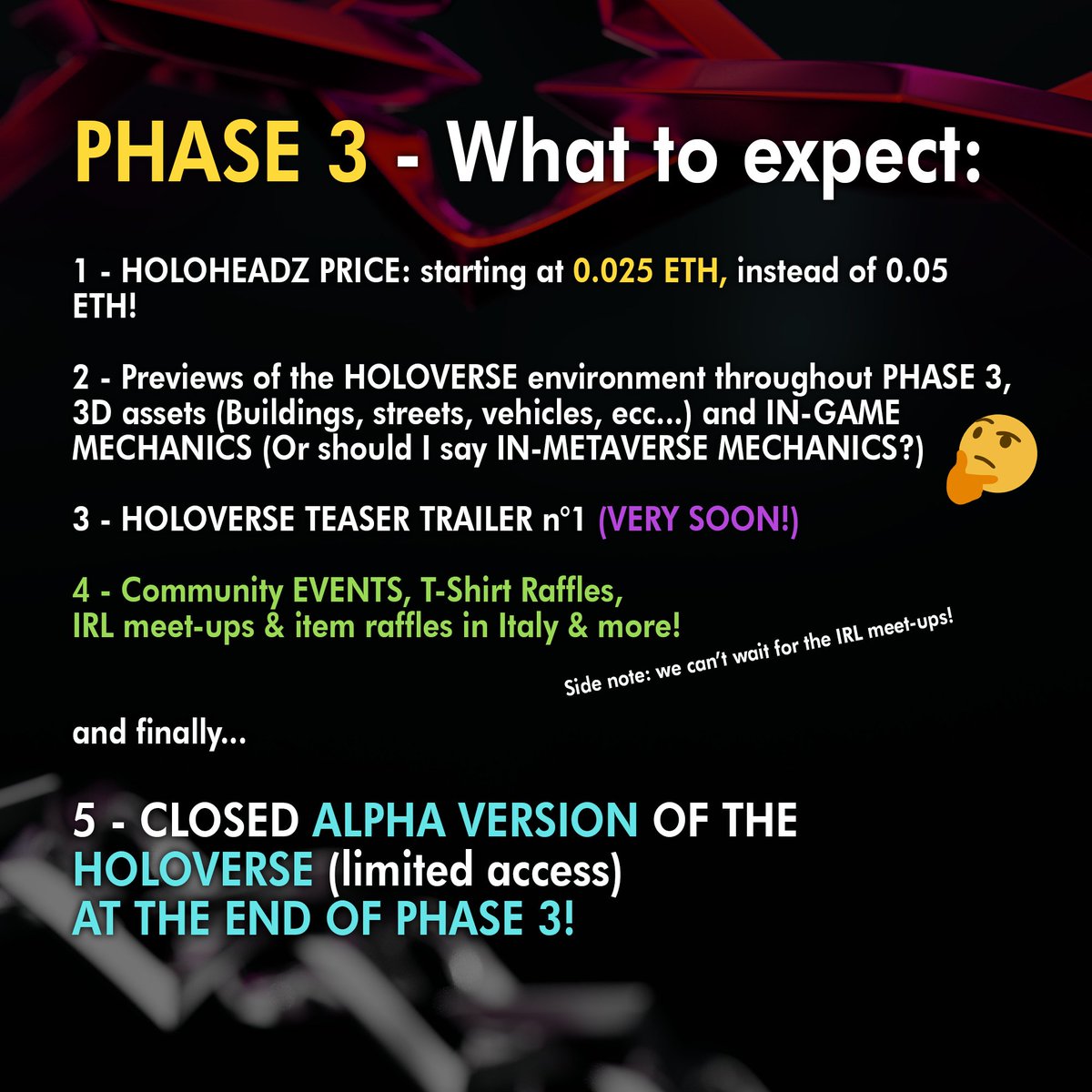 holoheadz's tweet photo. PHASE 3 is:
HOLOVERSE previews (environment, buildings, vehicles, ecc...) and TEASER trailer!
Community events, IRL meet-ups &amp; raffles in ITALY!
CLOSED ALPHA VERSION release of the HOLOVERSE!

Join HOLOHEADZ now!
https://t.co/67nyPvpbWU

#NFTs #PolygonNFTs #HOLOHEADZ #Metaverse https://t.co/aJiBPdC7Li