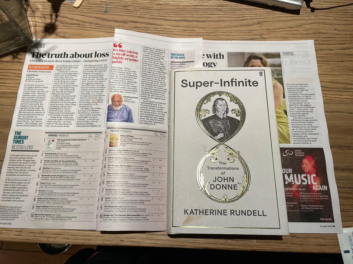 rach_is_reading's tweet photo. Celebrating Katherine Rundell’s entry ⁦@ST_Culture⁩ bestseller list for her very fine biography of John Donne: Super-infinite alongside Klara and the Sun in the PB chart. Thanks to all the reviewers and booksellers⁩ 👏🥳 https://t.co/X1ouaguKUH