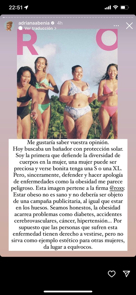 Según Adriana Abenia las personas gordas podemos existir, pero salir en publicidad sonriendo es un privilegio que no está dispuesta a concedernos.

Como siempre, el pretexto es que se está fomentando la obesidad y que de repente está preocupadísima por nuestra salud. #gordofobia
