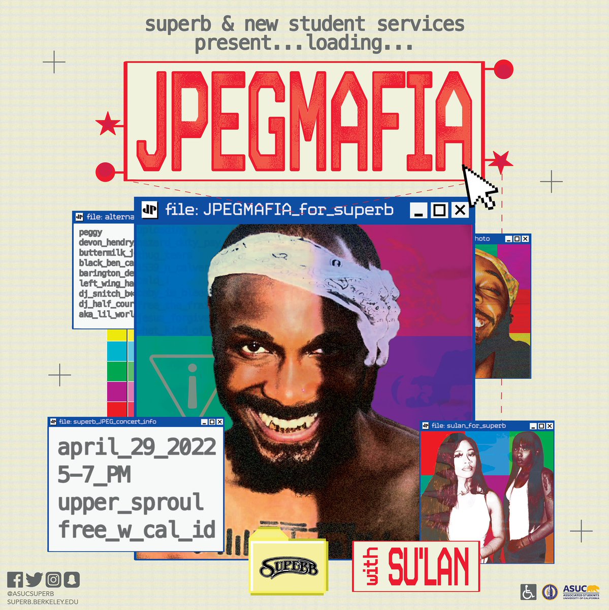 JPEGMAFIA x SU’LAN @ UC Berkeley next Friday!!! This the last concert of the year! Hope y’all ready 🥳🥳