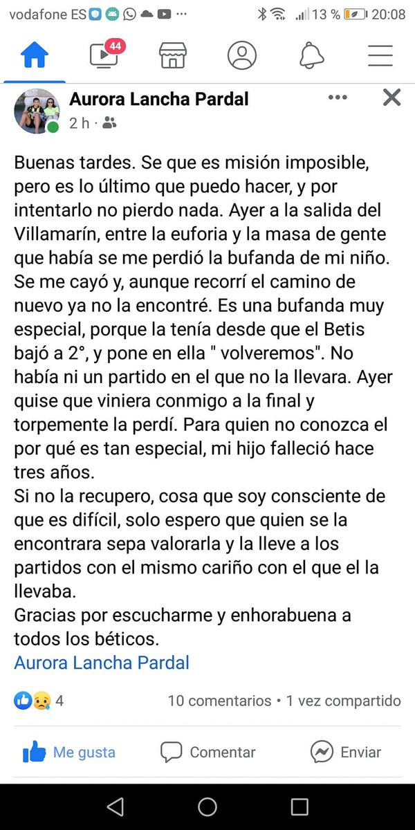Esta madre busca la bufanda de su hijo, fallecido hace tres años, que llevó ayer porque "quise que viniera conmigo". Leedlo, difundidlo y ojalá entre todos podamos conseguir que la encuentre. <a href="/RealBetis/">Real Betis Balompié 🌴💚</a>, si hemos ganado la Copa, nada es imposible. <a href="/joaquinarte/">Joaquín Sánchez</a>