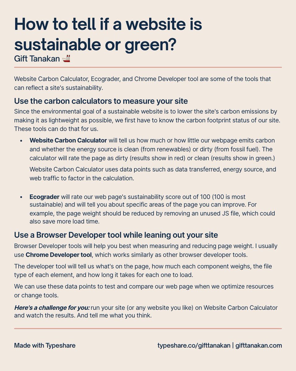 Gift_Tanakan's tweet photo. Day 2 of #ship30for30 - Website Carbon Calculator, Ecograder, and Chrome Developer tool are some of the tools that can reflect a site's sustainability. #sustainablewebdesign #lowcarbonwordpress #sustainabledevs https://t.co/SUaJ1JX400