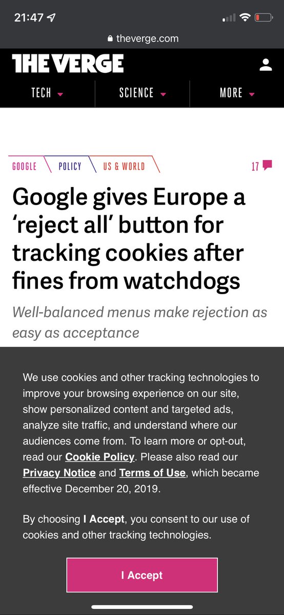 derekcxu's tweet photo. @verge maybe you will be fined next?? You also lack a “reject all” button, forcing users to click a separate “cookie policy” page that only offers vague advice to look into browser settings, and no recourse at all for mobile users #hypocrisy https://t.co/nECcQIdIPy