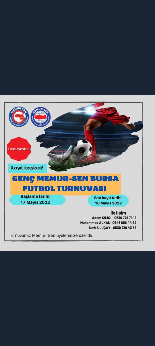 TAKIMINI TOPLA GEL, TURNUVAYA KATIL

Bursa Genç Memur-Sen tarafından düzenlenecek olan ödüllü halı saha turnuvasına bekliyoruz.

17 Mayıs 2022'de başlayacak olan turnuvamız için son kayıt 10 Mayıs 2022.

Geç kalmadan bizimle iletişime geç, bu heyecana sen de katıl.