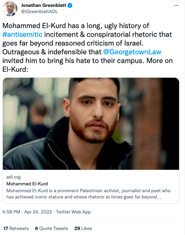 ADL has now created a page to defame @m7mdkurd for his Palestinian rights activism in an attempt to deplatform him. In embracing C*n*ry Mission's precise tactics, ADL shows how little daylight there is between 'fringe' and mainstream Zionism.