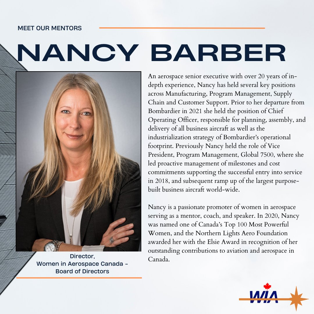 We're so excited to have Nancy Barber as one of our #mentors for our #MentoringProgram! Nancy is a passionate promoter of women in aerospace serving as a mentor, coach, and speaker. Learn more!