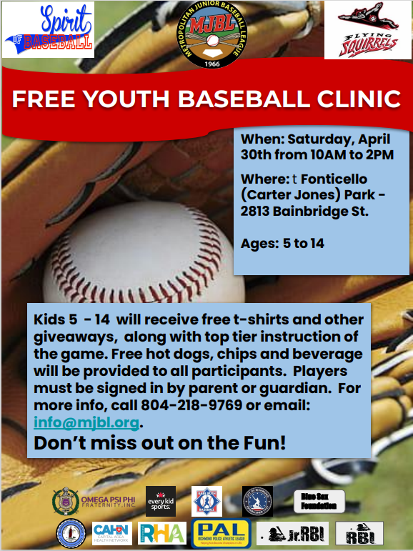 RichmondPAL's tweet photo. We have a FREE baseball clinic coming up this Saturday, April 30th! 
From 10:00 am - 2:00 pm, at Carter Jones Park, kids aged 5-14 can attend this baseball clinic for free!
Attending kids will be gifted t-shirts and more, with free food and beverages included in the clinic. https://t.co/XqUkep70Tc