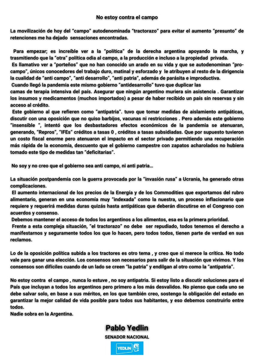 La movilización de ayer del “campo” autodenominada “tractorazo” para evitar el aumento “presunto” de retenciones me ha dejado  sensaciones encontradas.
Les comparto unas líneas sobre esta reflexión. 

#Campo #tractorazo #retenciones