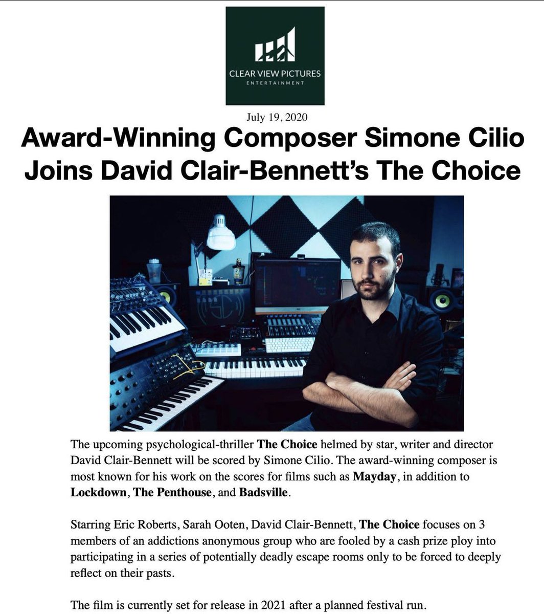 DavidClairB's tweet photo. I have major news on the status of my upcoming escape room psych thriller Survivor’s Choice ft @EricRoberts ! The film has been sent to award winning composer @simonecilio for scoring! We’re that much closer to the finish line. Thank you all for believing in my dreams. 💕 ✌️ 👏 https://t.co/7NZHrNsRbd
