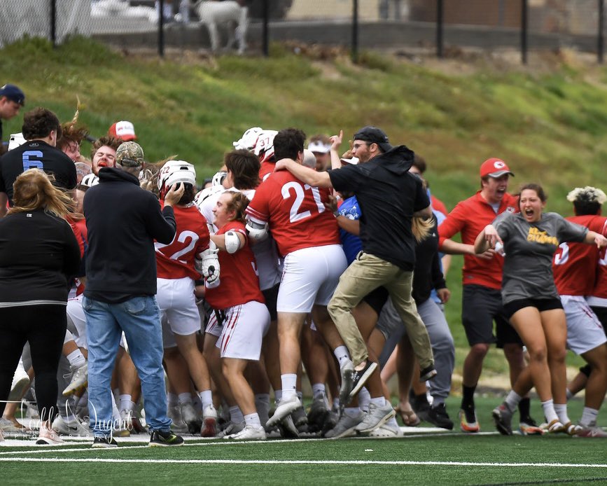 tanugent12's tweet photo. The celebration after @RavenMLAX upset the #1 ranked team in the country and winning the @kcacsports conference championship, and securing their spot in the National Tournament. Go Ravens! @ravenathletics @BenedictineKS https://t.co/DBA8FPr3xR