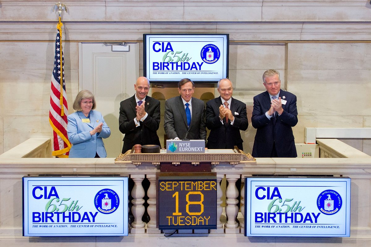 I just came across this photo of CIA Director Petraeus ringing the New York Stock Exchange opening bell in 2012, honoring the CIA's 65th anniversary

A symbolic image of the symbiotic relationship between two of the most evil institutions in human history: Wall Street and the CIA