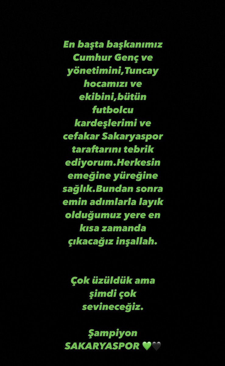 Çok üzüldük ama şimdi çok sevineceğiz. Şampiyon <a href="/Sakaryaspor/">Sakaryaspor</a> 💚🖤