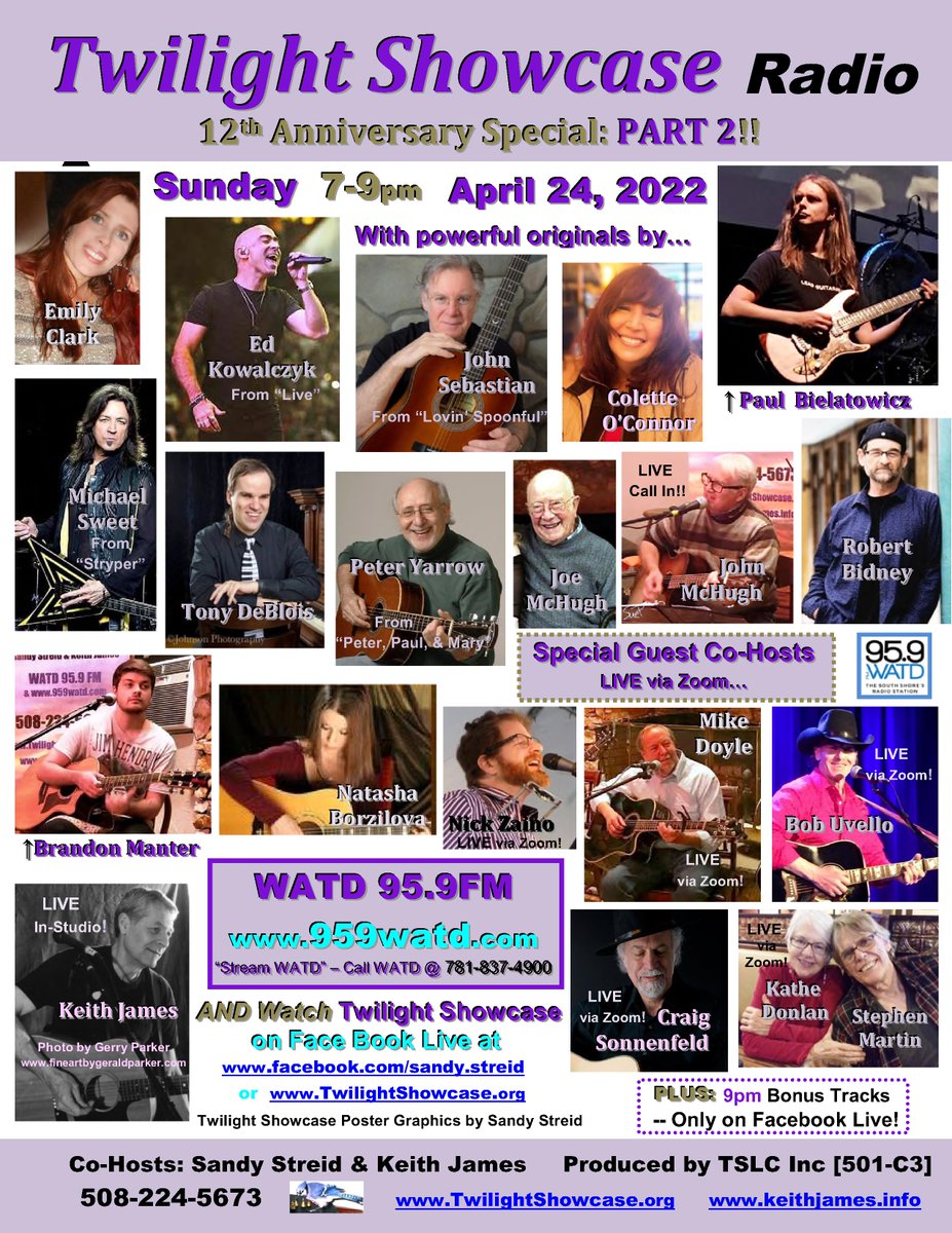 SandyStreid's tweet photo. TONIGHT!!  Join us for @WATD 95.9FM's  Twilight Showcase's 12th Anniversary PART 2, Sunday April 24th LIVE 7pm-9pm EDT on 95.9 WATD FM Radio  -- AND WATCH the show Simulcast on Facebook LIVE, on "Sandy Tannenbaum Streid's" Facebook page! https://t.co/abDj1n27FJ