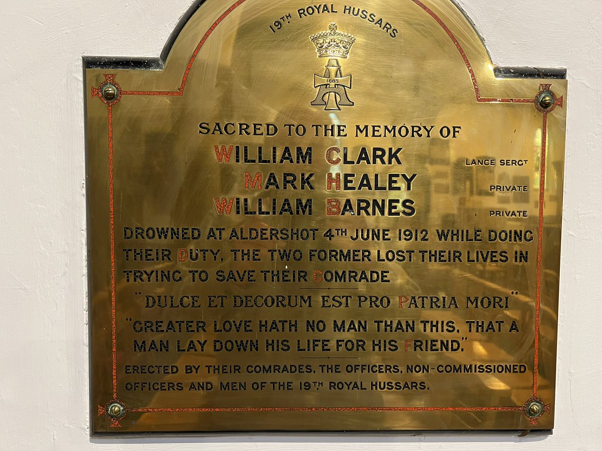 Aldershot_Past's tweet photo. This can be found at Royal Garrison Church of All Saints in #Aldershot, a dedication to 3 men of the 19th Hussars who all lost their lives at the horse pond, two of whom trying to save the third, in 1912 https://t.co/VnYcswEomJ