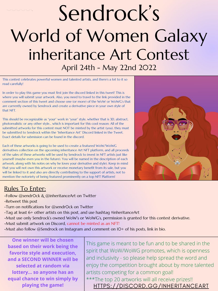 Sendrock's WoWG Inheritance Art Contest
-
Artists! Who wants to win a #WoWG? Please read the rules in the attached flyer carefully &amp; head over to the DISCORD listed below to submit your entry!
-
Must Retweet/Follow/Tag!
-
discord.gg/inheritanceart
-
@InheritanceArt
<a href="/worldofwomennft/">world of women</a>