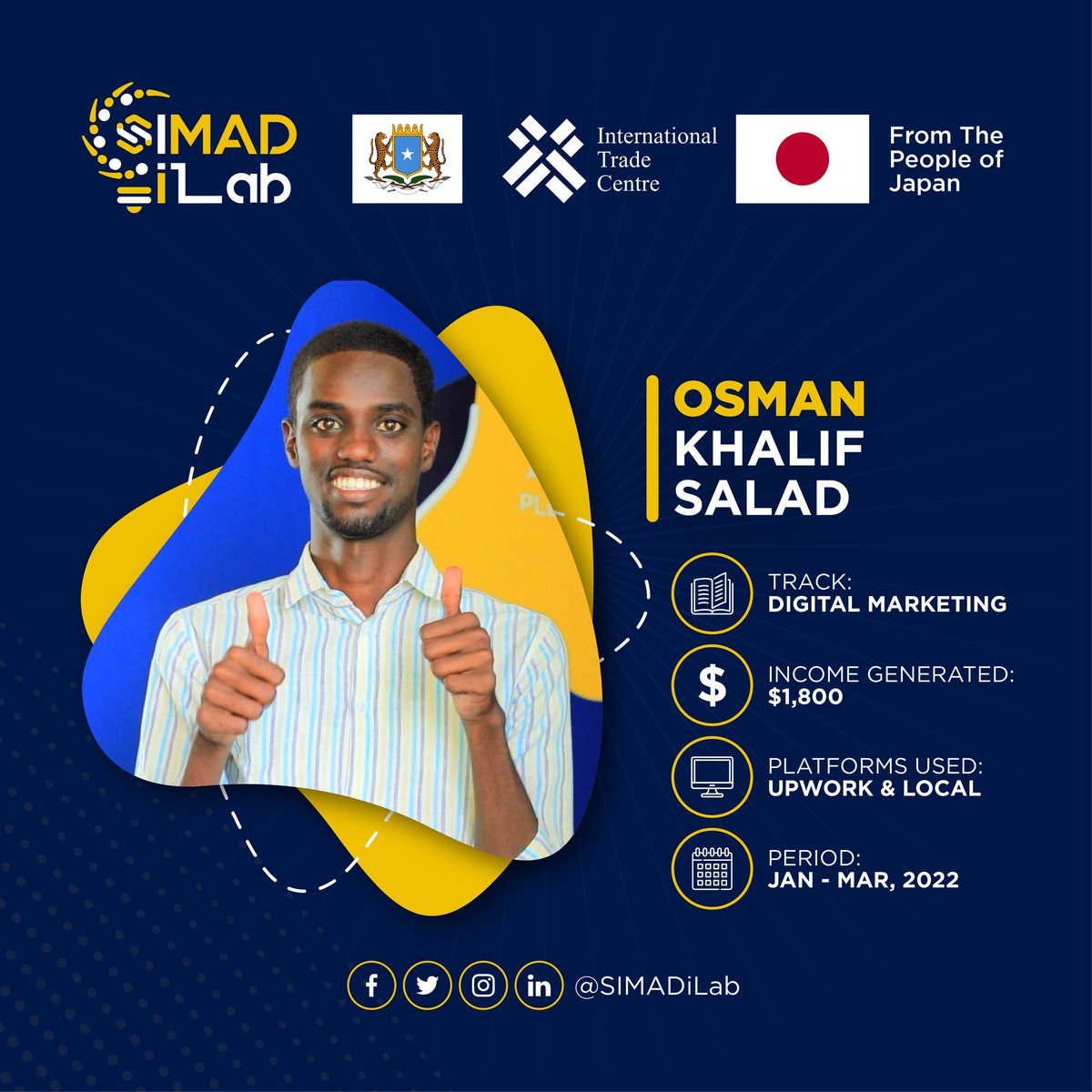SIMADiLab's tweet photo. Osman Khalif Salad turned out to become a professional digital marketer after completing our #DigitalSkills4Jobs. After viral posts on LinkedIn, Osman received freelancing offers from both local and int’l clients. #iLabDiaries #DigitalFreelancers #DigitalEntrepreneurs https://t.co/1wo3ykmXHR