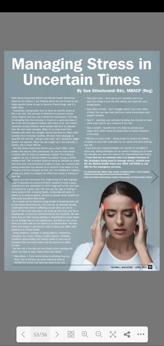 SueStinchcomb's tweet photo. Stress is a part of life but it can be hard to cope with sometimes. Thanks @heswallmagazine  #StressAwarenessMonth #mentalhealth @AyanayAccredit1 #TherapistTwitter https://t.co/PASPr4mAtj