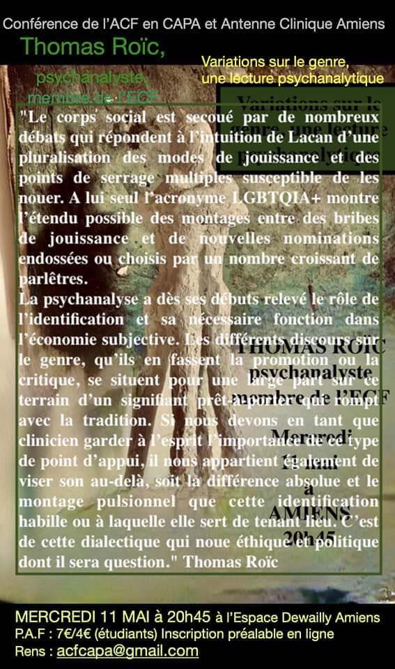acf_capa's tweet photo. ⏳C'est DEMAIN à #Amiens - 20H45
Conférence de l'#ACFCAPA & @AntenClinAmiens ⏳
"Variations sur le genre, une lecture psychanalytique"
avec Thomas Roic, psychanalyste membre de l'ECF
Inscription en ligne : https://t.co/hNlPkYgdF7
Ou envoyez un mail à acfcapa@gmail.com https://t.co/NBqHXRaRjR