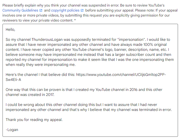 ThunderousLogan's tweet photo. @TeamYouTube My channel was terminated for "impersonation" when I didn't even do this. You can read my appeal here. https://t.co/YURknhUfEy