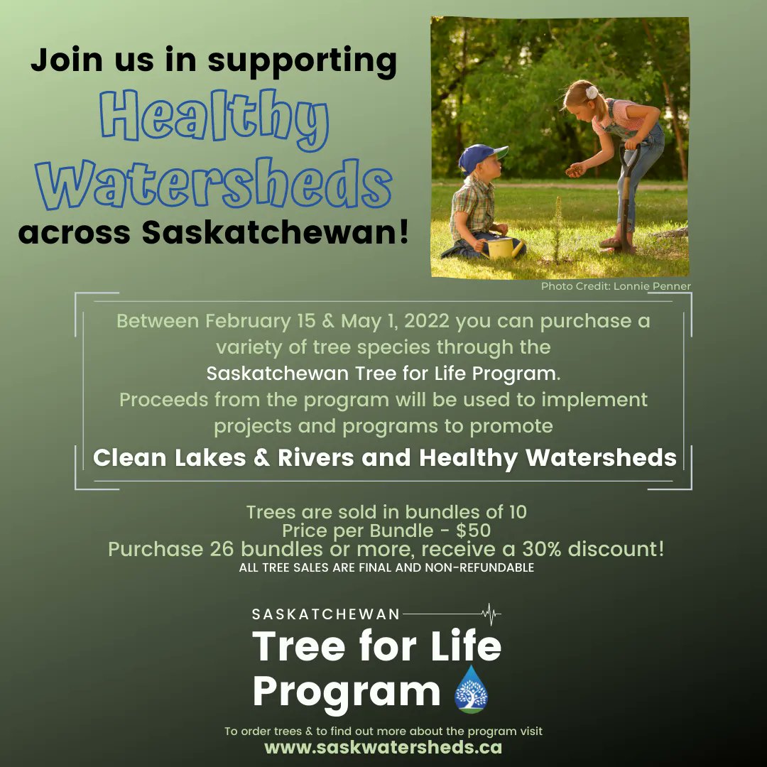sk_program's tweet image. This year, help support healthy watersheds across the province! The #SKTreeforLife  Program is selling seedlings to raise money to implement projects &amp;amp; programs to promote healthy watersheds! 
Visit saskwatersheds.ca for more info!
#treesaregood #treesandwater #healthywater