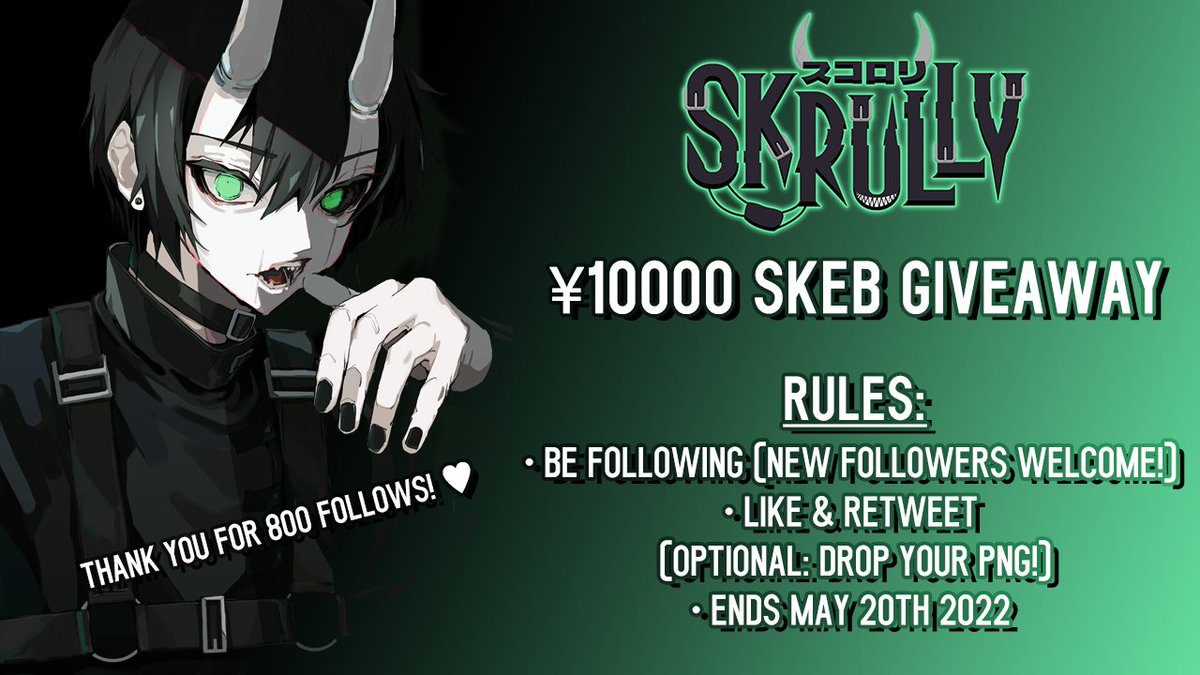 Skrully's tweet photo. 𝐈𝐓'𝐒 𝐓𝐈𝐌𝐄 𝐅𝐎𝐑 𝐀 𝐆𝐈𝐕𝐄𝐀𝐖𝐀𝐘 👹

Rules:
• Be following @skrully (new followers ok!)
• Like &amp; RT
• (Optionally, drop your PNG!)
• End on May 20th!

Thank you for 800! I'll work with the winner through the whole process!

#vtuber #envtuber #vtuberuprising #Skeb https://t.co/bcpsYEztAI