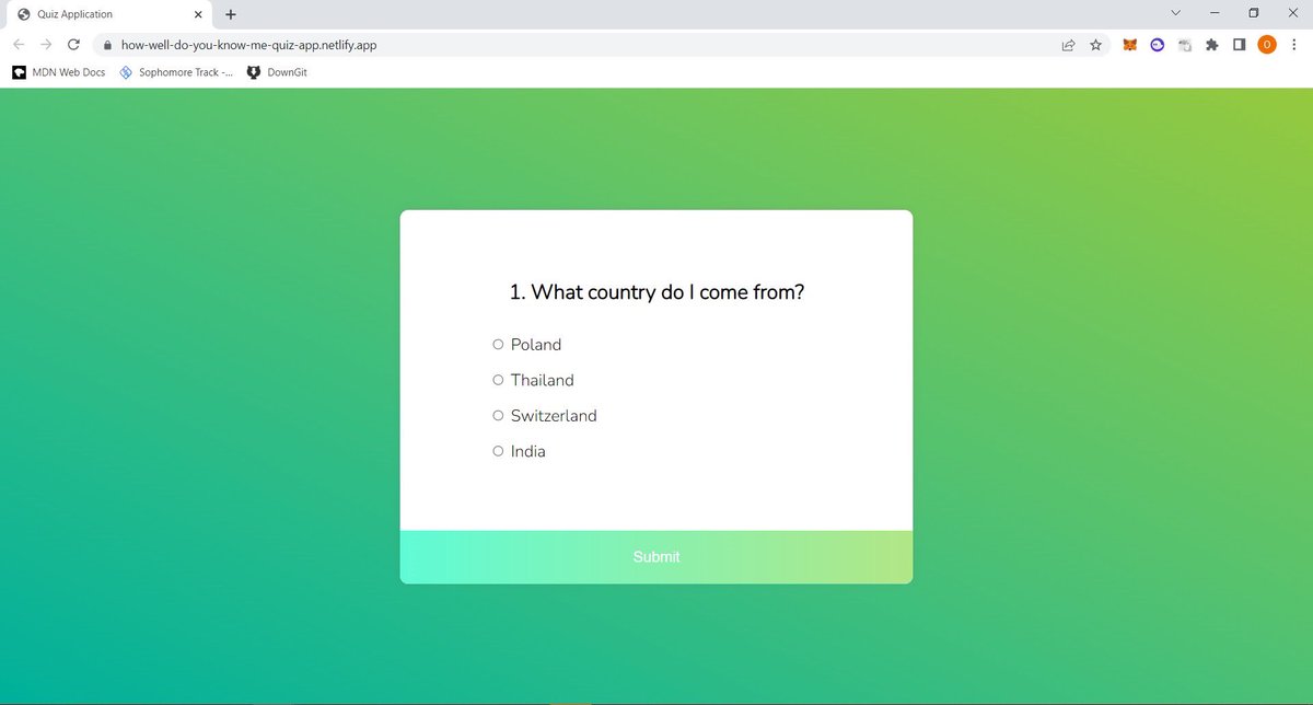 onnalindevs's tweet image. Day 35-38 of #100DaysOfCode
Been studying react course on Scrimba & still working on the airbnb clone project. Also been revising some Javascript concepts.
Today I built some simple & silly quiz app called ‘How well do you know me?’ quiz. LFG! 💚😆
🫰🏼…l-do-you-know-me-quiz-app.netlify.app