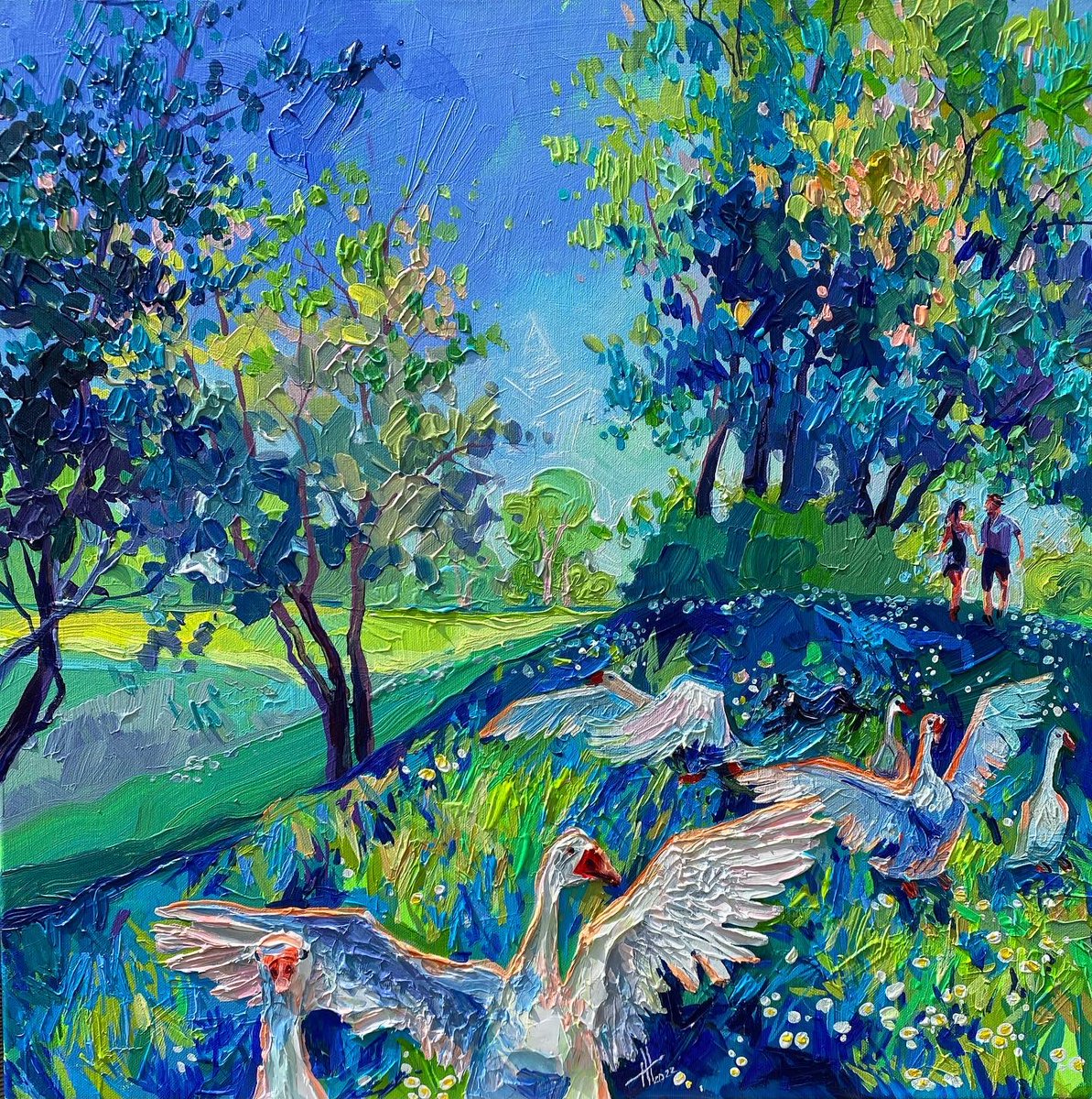acrylic, canvas 60*60 cm 'Turgoose family walk' #geese #walk #spring #park #dog #family #landscapepainter #landscapepainting #familypainting