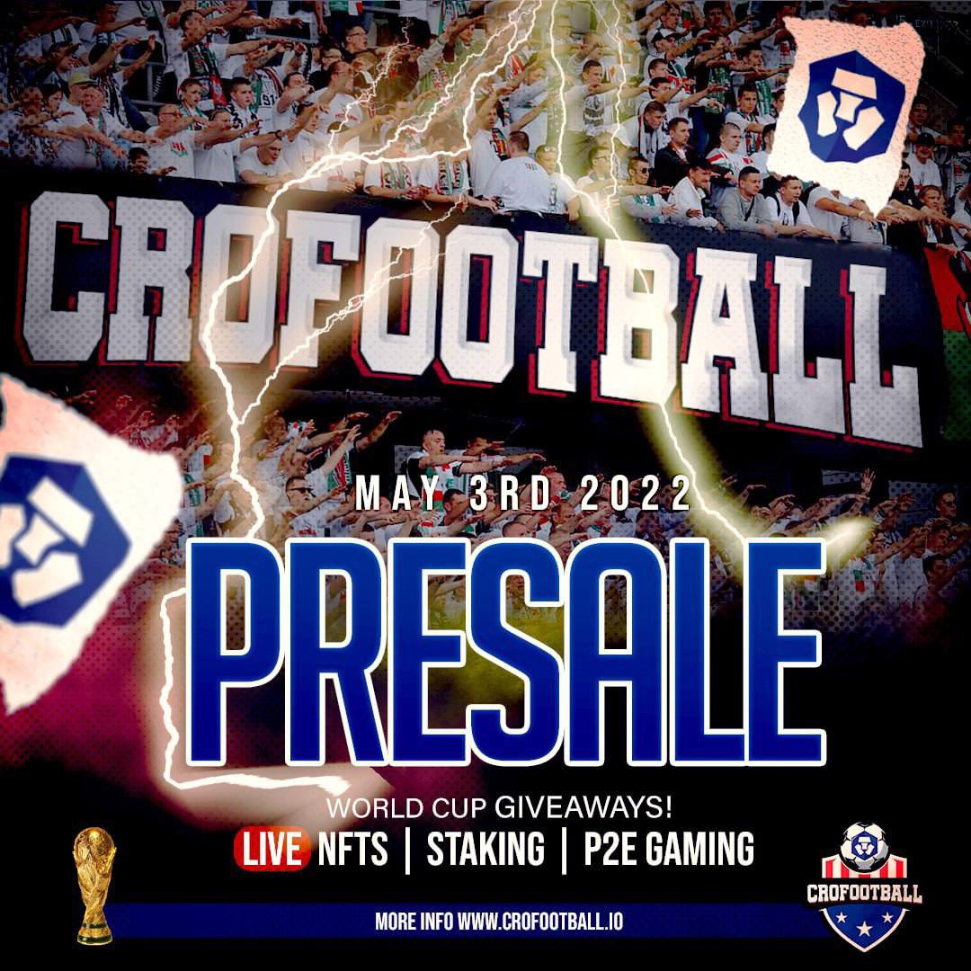 crofootball_io's tweet photo. We are pleased to announce that our official presale date will be on May 3rd 2022.

Get ready for the biggest launch of 2022!

We will be running many contests to give out whitelists.

We will be releasing more information soon.

📩Telegram: 
https://t.co/g3zV1OCP73 https://t.co/WT5cf7aKyt